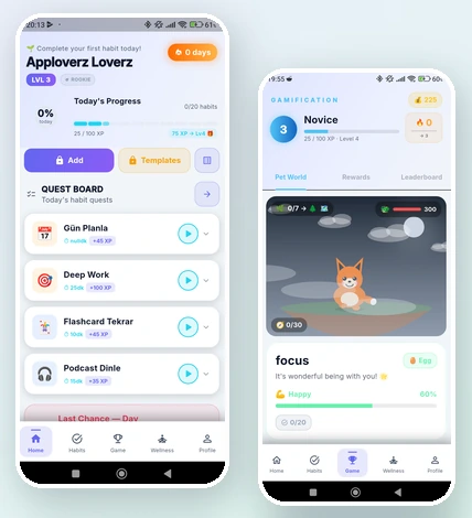 Focus Watch screens: daily quest board and the digital pet world